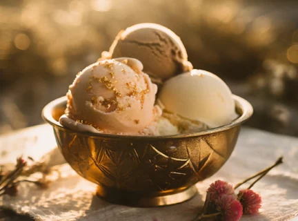 Bol de crème glacé sur une table au soleil en fin de journée