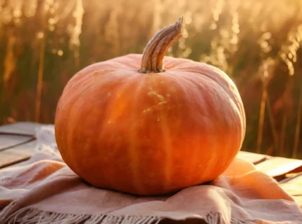 Une grosse citrouille orange placée sur une table devant un champ