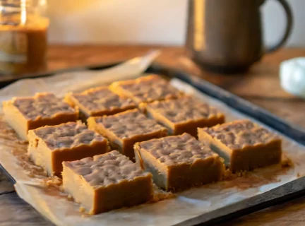 recette de sucre à la crème à l'ancienne sorti du four sur une plaque de cuisson. Ambiance hivernale.