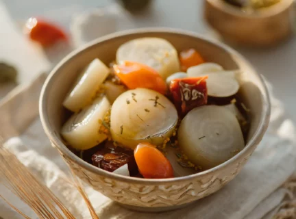 bol de daikons marinés avec carottes et épices.
