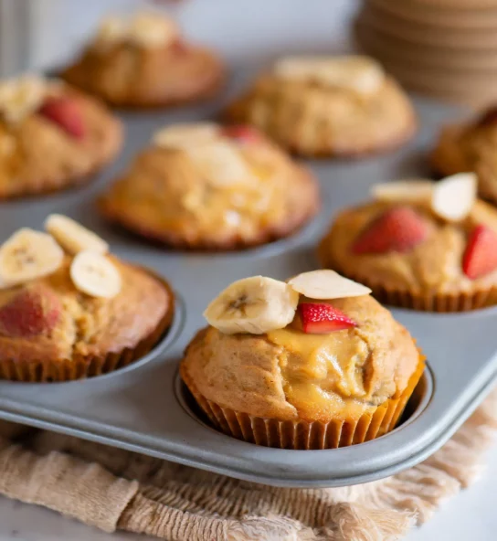 Muffins aux fraises, bananes et amandes du livre de recette K pour Katrine