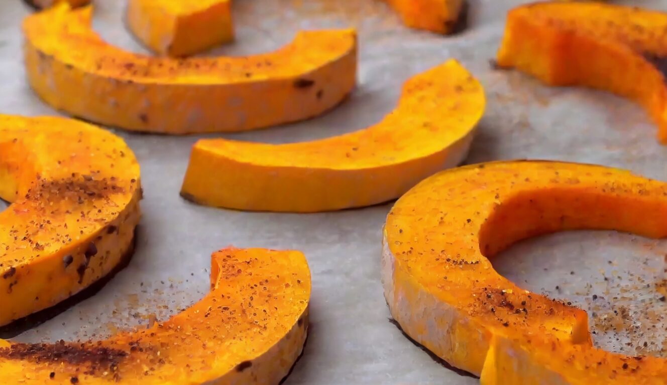 tranches de courge poivrée sur une plaque de cuisson