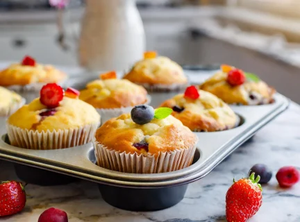 Muffins aux petits fruits dans un moule à cuisson sur un comptoir de quartz