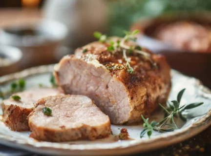 Filet de porc servi dans une assiette blanche