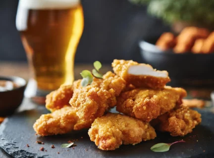 lanières de poulet frit accompagné par un verre de bière.