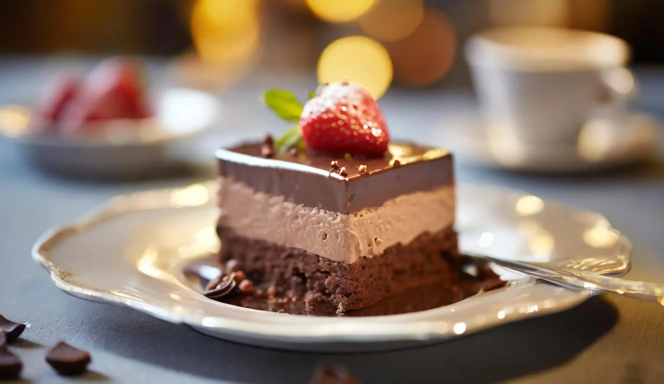 Gâteau mousse au chocolat avec une fraise dans une assiette