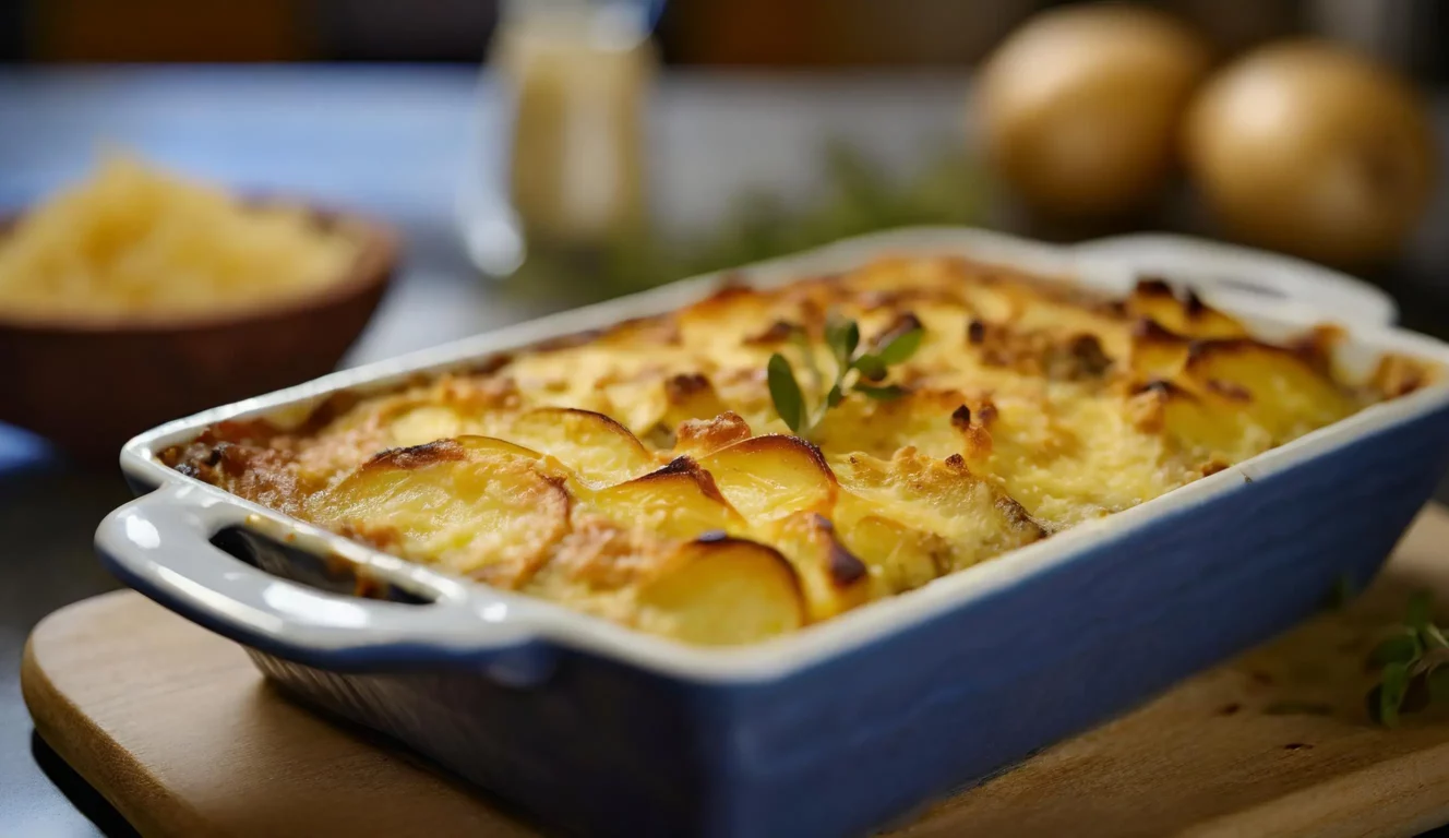 Gratin de pommes de terre servi dans un plat allant au four.